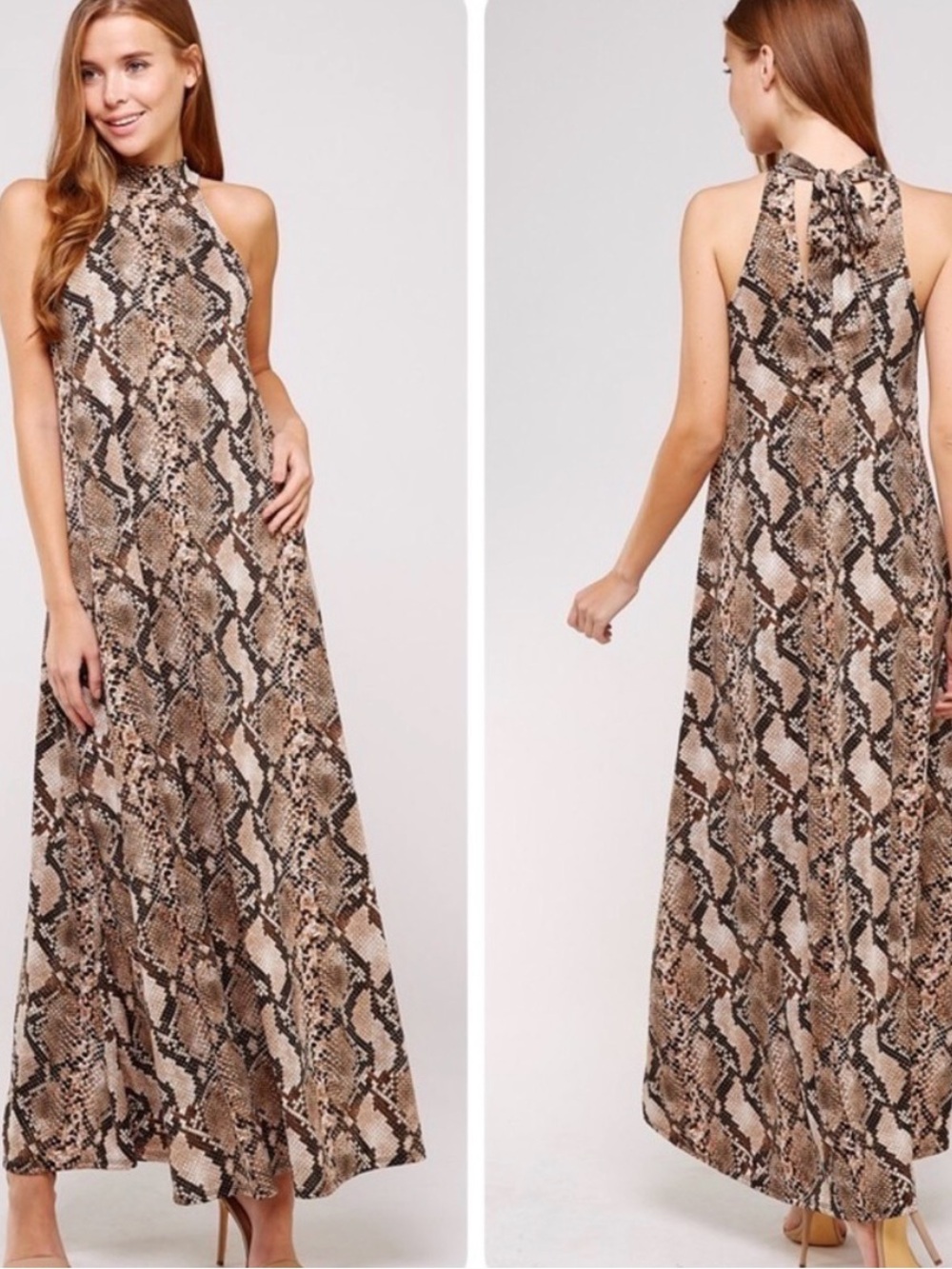 The NEW Boutique Brown Snake Print Halter Maxi Dress